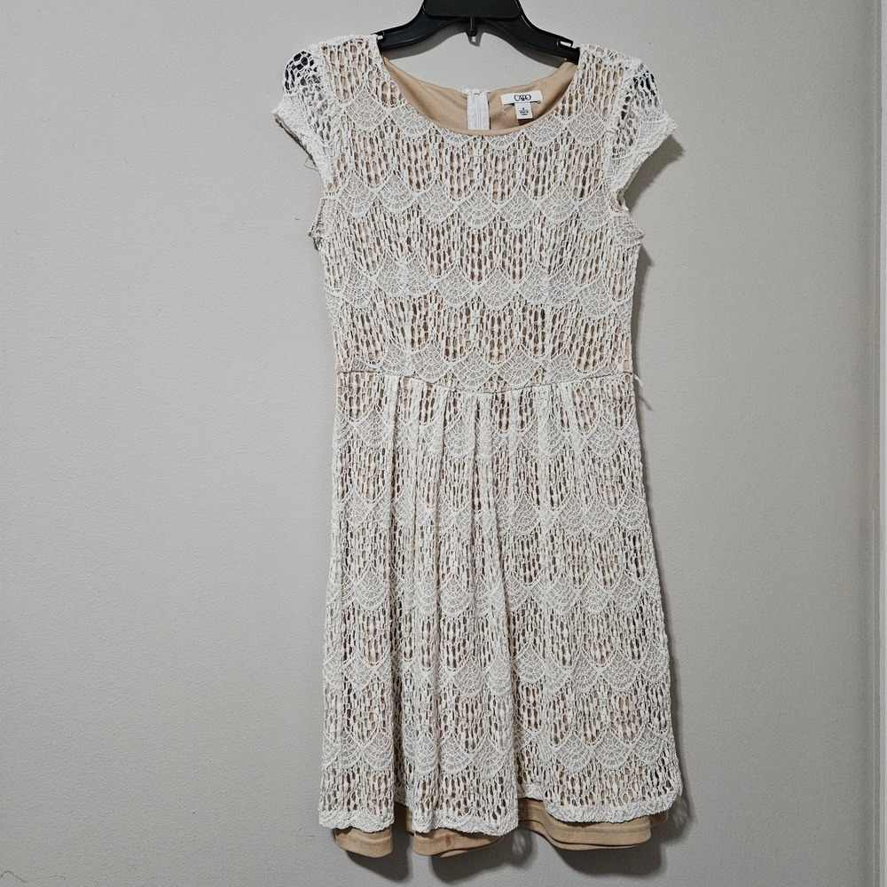 Cato Ivory Crochet Lace Fit and Flare Dress Tan Lining Cap Sleeve Womens 8